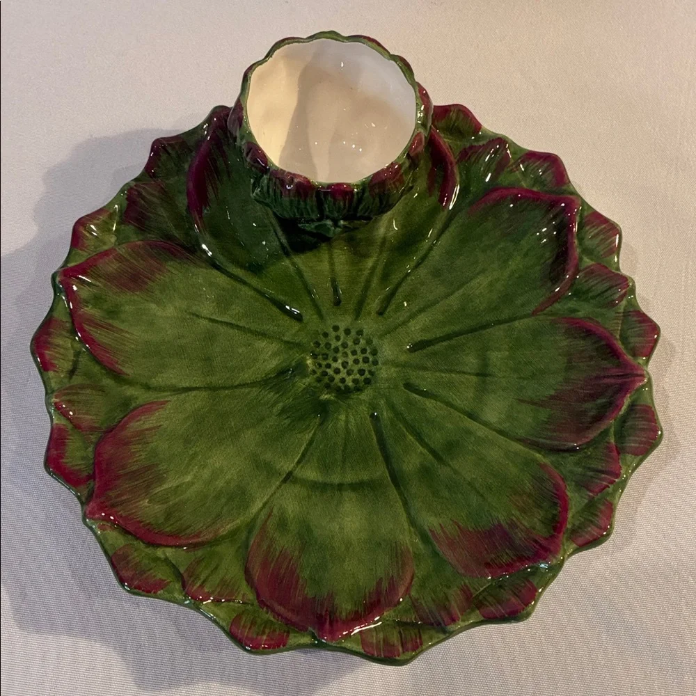 Vintage green Italian majolica artichoke plate and dip dish Sur la Table ceramic